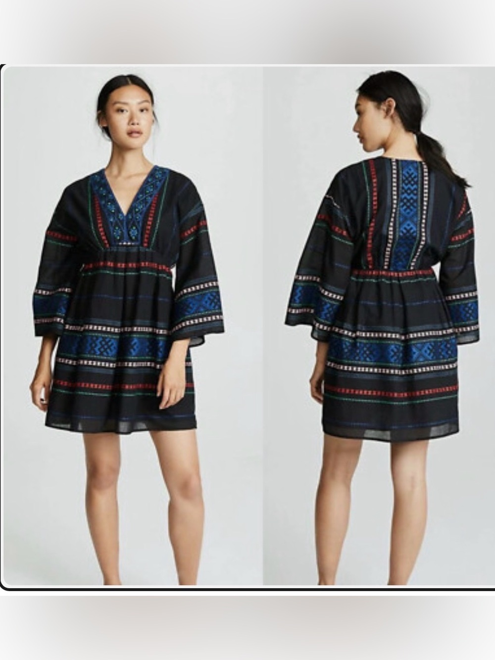 Joie Shada Dress Small Casual Striped Bell Sleeve V-Neck Boho Mini Embroidered